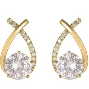 Crossed Waterdrop Gold Plated Stainless Steel & Lab Created Diamond Earrings